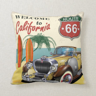 レトロ「カリフォルニアへようこそ」 Route 66ポスター クッション
