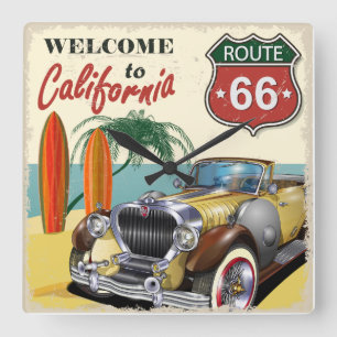レトロ「カリフォルニアへようこそ」 Route 66ポスター スクエア壁時計