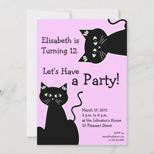 レトロ カートゥーン 緑の目をした猫のパーティー 招待状 (裏面)