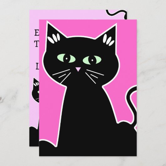 レトロ カートゥーン 緑の目をした猫のパーティー 招待状 (正面/裏面)
