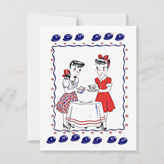 レトロ·ガールズ·ア·ティー·パーティー·ソーシャル招待状 招待状 (正面)