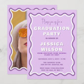 レトロ キュート ウェーブ パープル フォト 卒業 招待状 (正面/裏面)