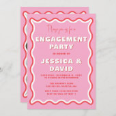 レトロ キュート ウェーブ ピンク 赤 フォトエンゲージメントパーティー 招待状 (正面/裏面)