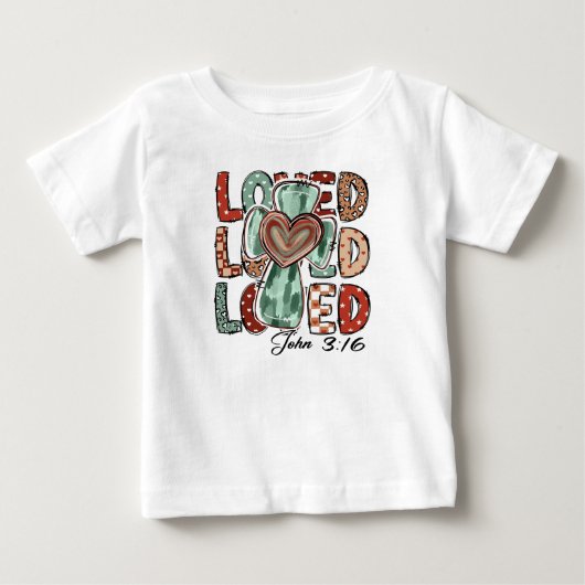 レトロ キリスト教 十字架 愛された ヨハネ 3:16 ベビーTシャツ (正面)