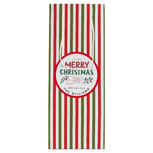 レトロ クリスマス ストライプ パターン オーダーメイド クリスマス ワインギフトバッグ (正面)