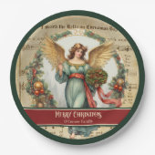 レトロ クリスマス ペーパー プレート 緑 赤 天使 デザイン (正面)