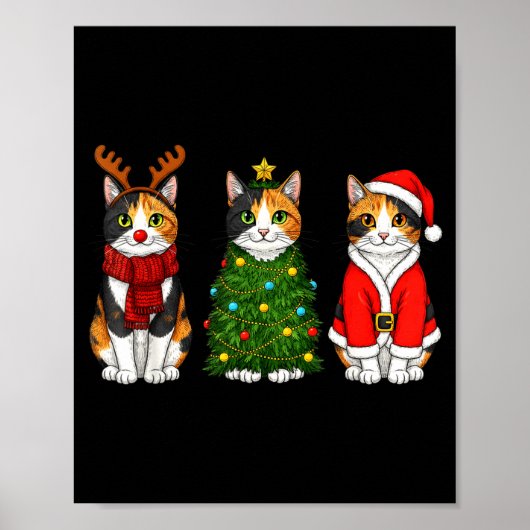 レトロ クリスマス 三毛猫 サンタ トナカイ ポスター (正面)