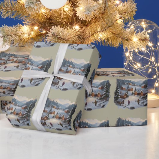 レトロ クリスマス 冬の村 九十年代 山 樹木 ラッピングペーパー (クリスマス)