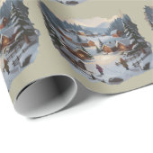 レトロ クリスマス 冬の村 九十年代 山 樹木 ラッピングペーパー (ロールコーナー)