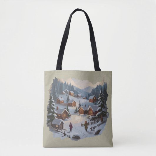 レトロ クリスマス 冬の村 90年代 山 樹木 トートバッグ (正面)