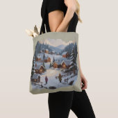 レトロ クリスマス 冬の村 90年代 山 樹木 トートバッグ (クローズアップ)