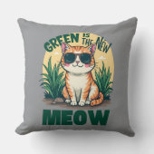 レトロ「グリーンが新しいニャー」猫クール自然アート クッション (正面)