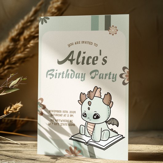 レトロ グリーン イエロー パステル ベイビードラゴン 誕生日 招待状