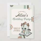 レトロ グリーン イエロー パステル ベイビードラゴン 誕生日 招待状 (正面)
