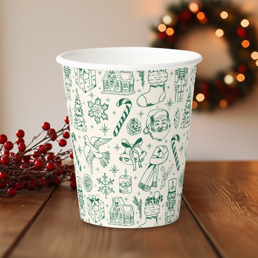 レトロ グリーン クリスマス ドゥードル 紙コップ