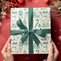 レトロ グリーン ドゥードル クリスマス ラッピングペーパー