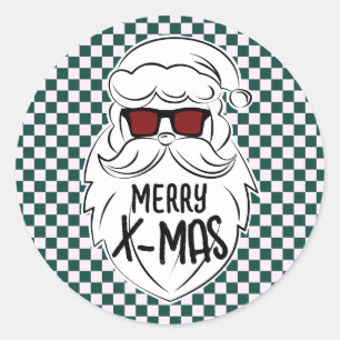 レトロ グリーン ピンク チェック サンタクロース クリスマス ラウンドシール