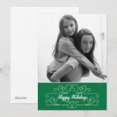 レトロ グリーン フロリッシュ ホリデー フォト カード (正面/裏面)