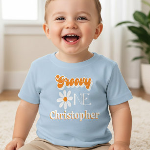 レトロ・グルービー・ワン・ボーイの1歳の誕生日 ベビーTシャツ