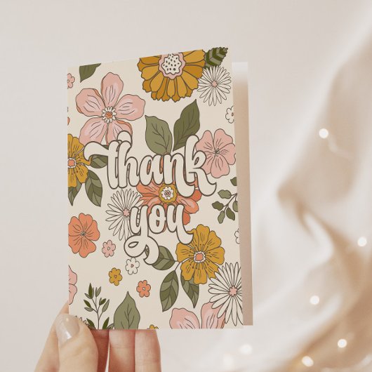 レトロ グルービー ヴィンテージ フラワー ガールズ パーティー サンキューカード