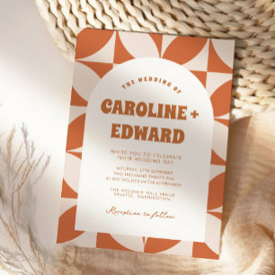 レトロ グルーヴィー カラフル ウェーブ ボヘミアンワインテージ ウェディングQRコード 招待状