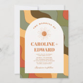 レトロ グルーヴィー カラフル ウェーブ ボーホー ウェディング QR コード 招待状 (正面)