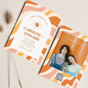 レトロ グルーヴィー カラフル ウェーブ ボーホー ウェディング QR コード 招待状