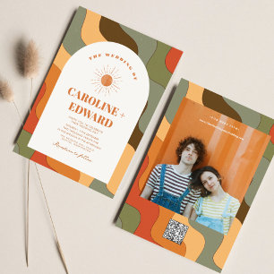 レトロ グルーヴィー カラフル ウェーブ ボーホー ウェディング QR コード 招待状