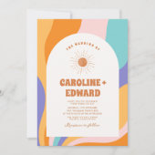 レトロ グルーヴィー カラフル ウェーブ ボーホー ウェディング QR コード 招待状 (正面)