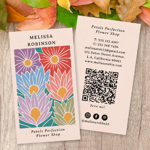 レトロ グルーヴィー カラフル フラワー QR コード フラワーデザイナー 名刺
