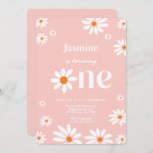 レトロ グルーヴィー デイジー ウォーム フラワーズ 1歳の誕生日 招待状 (正面/裏面)