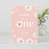 レトロ グルーヴィー デイジー ウォーム フラワーズ 1歳の誕生日 招待状 (スタンド正面)