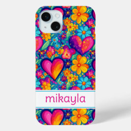 レトロ グルーヴィー ヒッピーフラワー ハート オーダーメイド iPhone 15 MINIケース