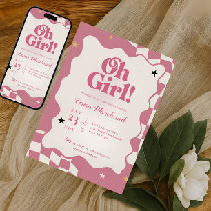レトロ グルーヴィー ピンク チェック柄 Oh Girl ベビーシャワー 招待状