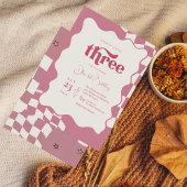 レトロ グルーヴィー ピンク チェック 3歳の誕生日 招待状