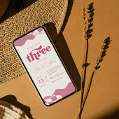 レトロ グルーヴィー ピンク チェック 3歳の誕生日 招待状