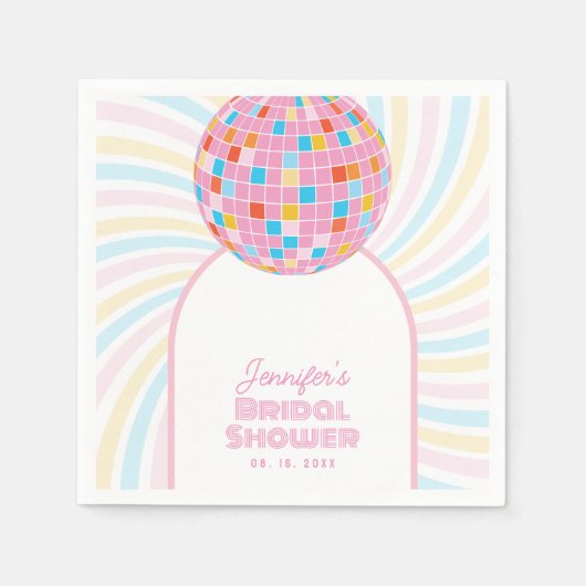 レトロ グルーヴィー ピンク ディスコボール 70年代 80年代 ブライズシャワー スタンダードカクテルナプキン (正面)