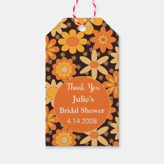 レトロ グルーヴィー フラワー オレンジ黄色 サンクス ギフトタグ (正面)
