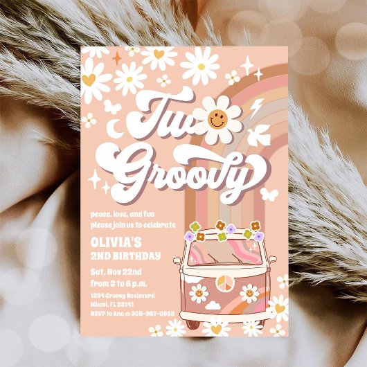 レトロ グルーヴィー 2歳の誕生日おめでとう 招待状