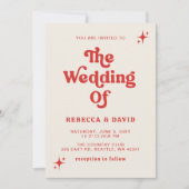 レトロ グルーヴィー 70年代 キュート アイボリー レッド ピンク ウェディング 招待状 (正面)