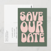 レトロ グルーヴィー 70年代 ピンクとグリーンのSave The Date ポストカード (正面/裏面)