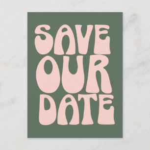 レトロ グルーヴィー 70年代 ピンクとグリーンのSave The Date ポストカード