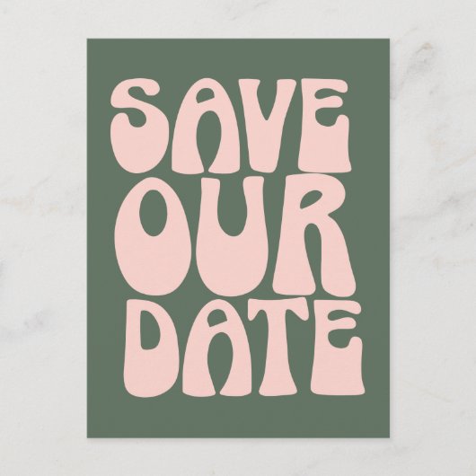 レトロ グルーヴィー 70年代 ピンクとグリーンのSave The Date ポストカード (正面)