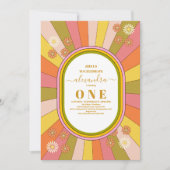 レトロ グルーヴィー 70's テーマ ミュート トーン 1歳の誕生日 招待状 (正面)