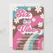 レトロ グルーヴィー SIX は ヴァイブ ピンク ティール ガール バースデー 招待状 (正面)