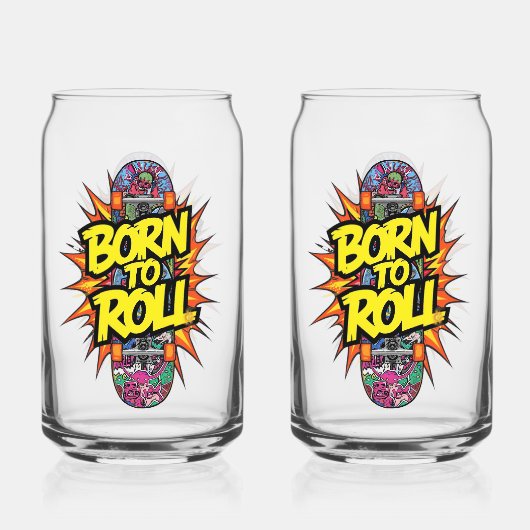 レトロ・コミック風「Born to Roll」スケーター ガラス缶 (正面)