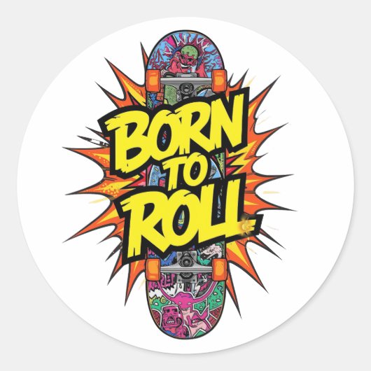 レトロ・コミック風「Born to Roll」スケーター ラウンドシール (正面)