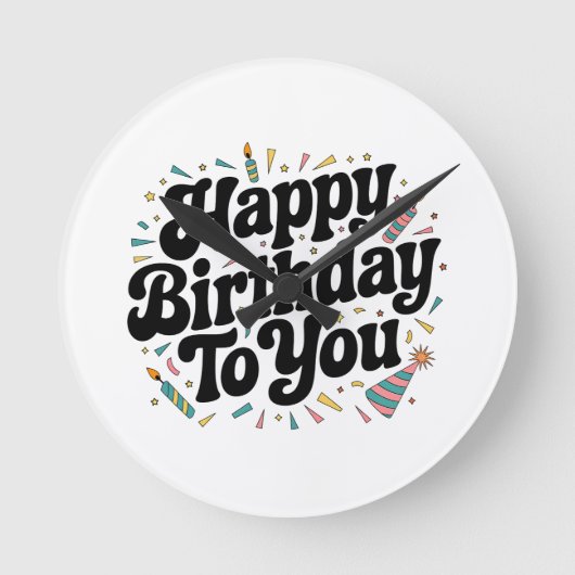 レトロ コンフェティ 誕生日 ラウンド壁時計 (正面)
