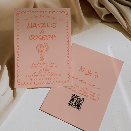 レトロ コーラル 手描きQRコード おしゃれな結婚式 招待状