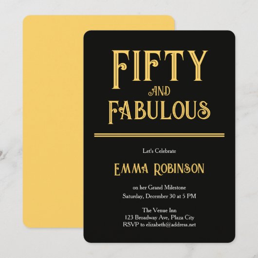 レトロ ゴールド "Fifty and Fabulous" 50歳の誕生日 招待状 (正面/裏面)